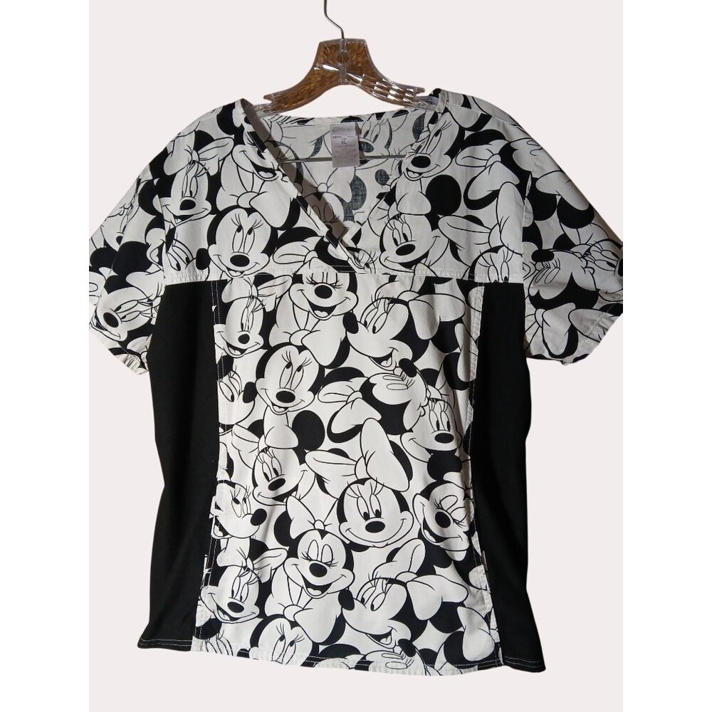 Disney Tooniforms Minnie Mouse Scrub Top Black White V Neck Side Panels XL - Picture 3 of 12